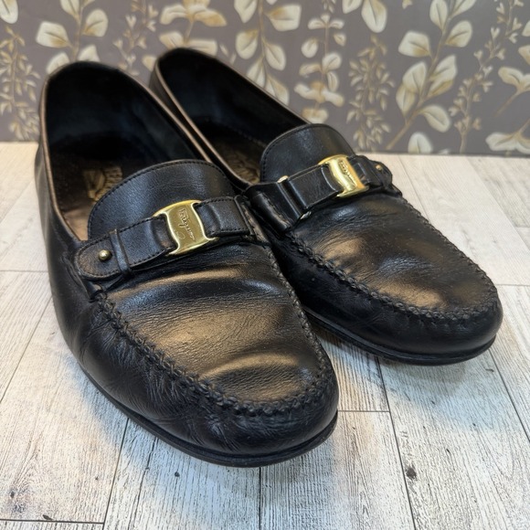 Salvatore Ferragamo Black Goldtone Logo Loafers Men\'s Size 10.5 D Vintage main image 7